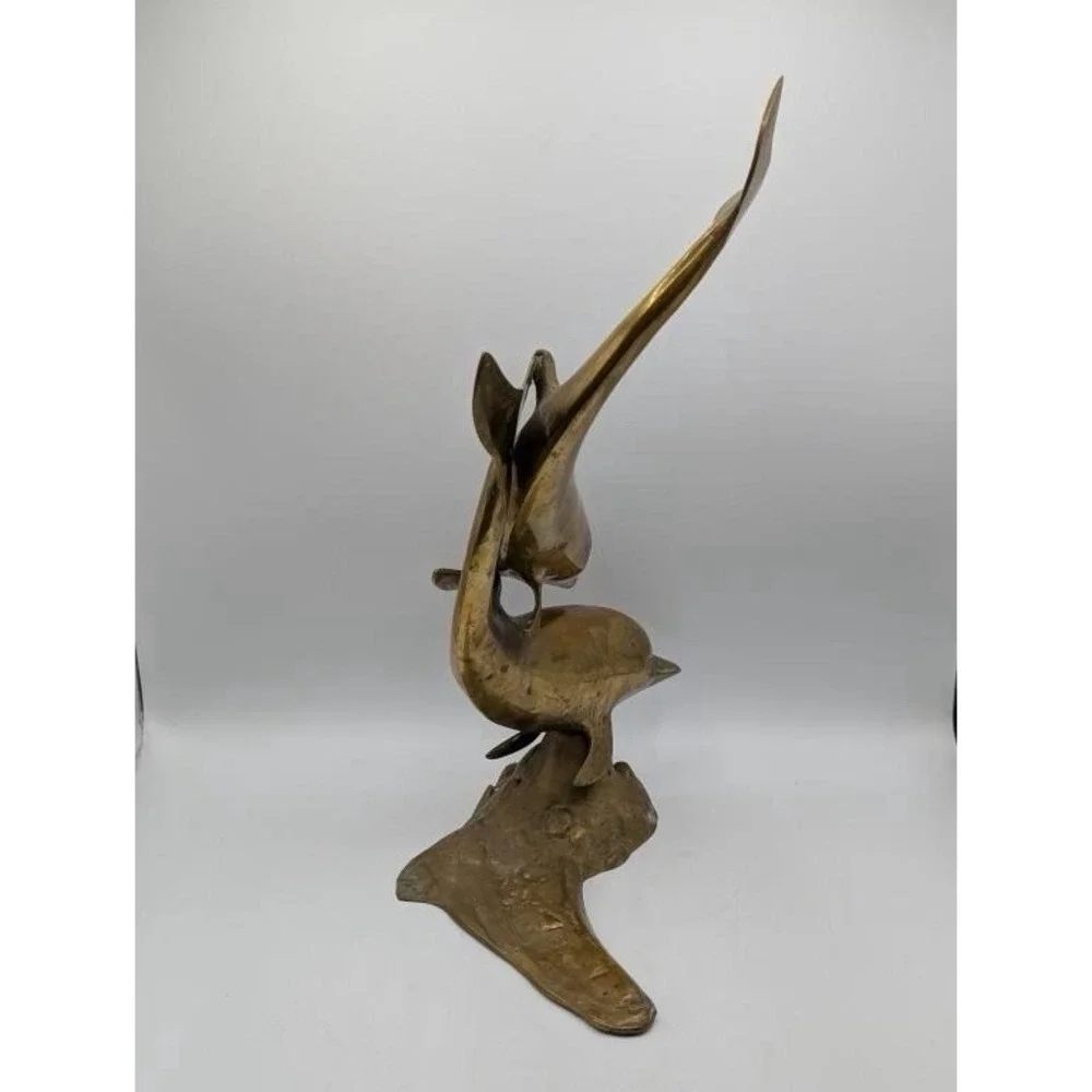 VTG 50s Large Brass Double Swimming Dolphins Sculpture MCM 15
